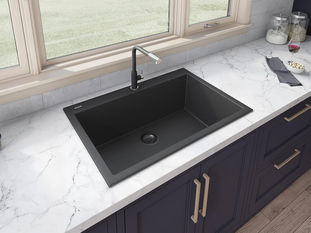 Ruvati 27 x 20 inch Drop-in Topmount Granite Composite Quartz Single Bowl Kitchen Sink - Midnight Black - RVG1027BK