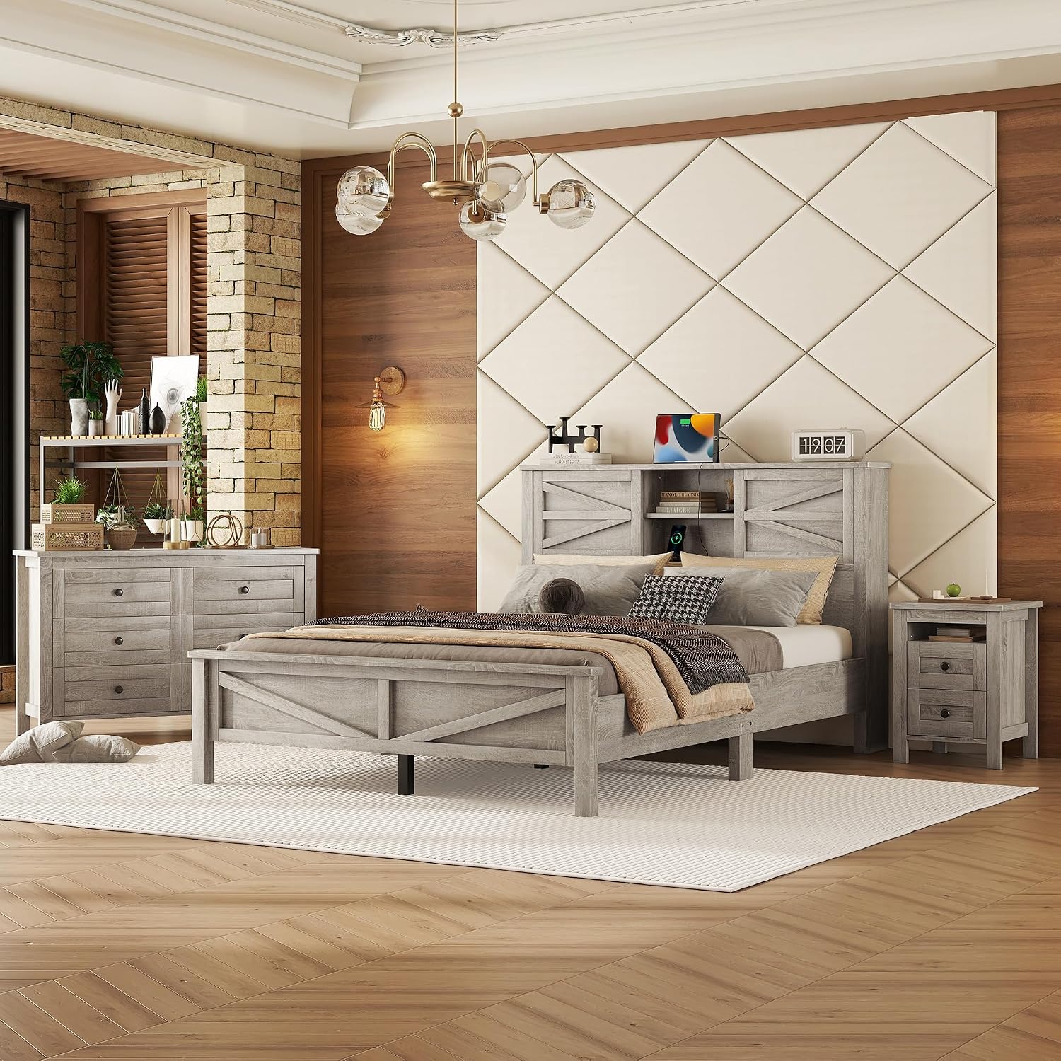 3PCS Bedroom Sets, Queen Size Farmhouse Platform Bed with Double Sliding Door Storage Headboard, Cabinet & Nightstand, 3PCS Bedroom Sets with USB, for Kids, Adults, Gray