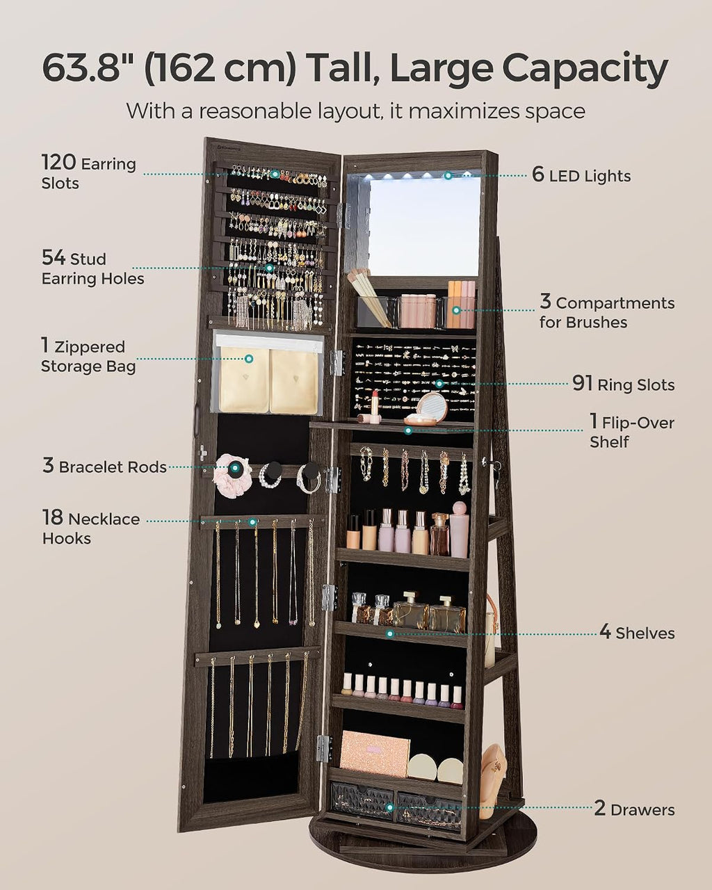 SONGMICS 6 LEDs Lockable Mirror Jewelry Cabinet, 360° Swivel Jewelry Organizer Armoire Standing, Frameless Full-Length Mirror, 3 Storage Shelves, Ash Brown Surface, Black Lining UJJC007K02
