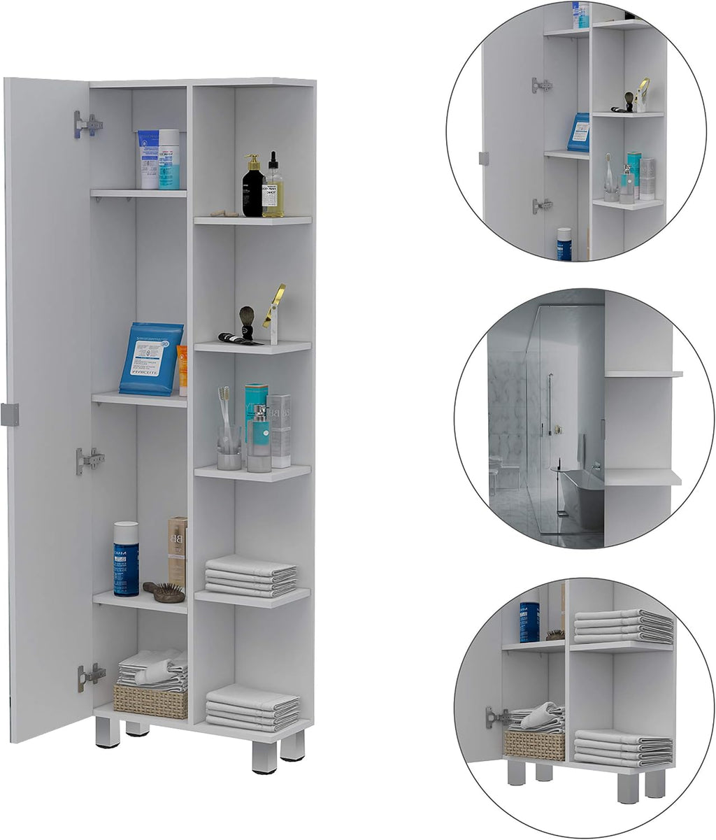 FM FURNITURE Los Angeles Mirror Linen Cabinet with 5 Open Shelves and 4 Inner Shelves, White