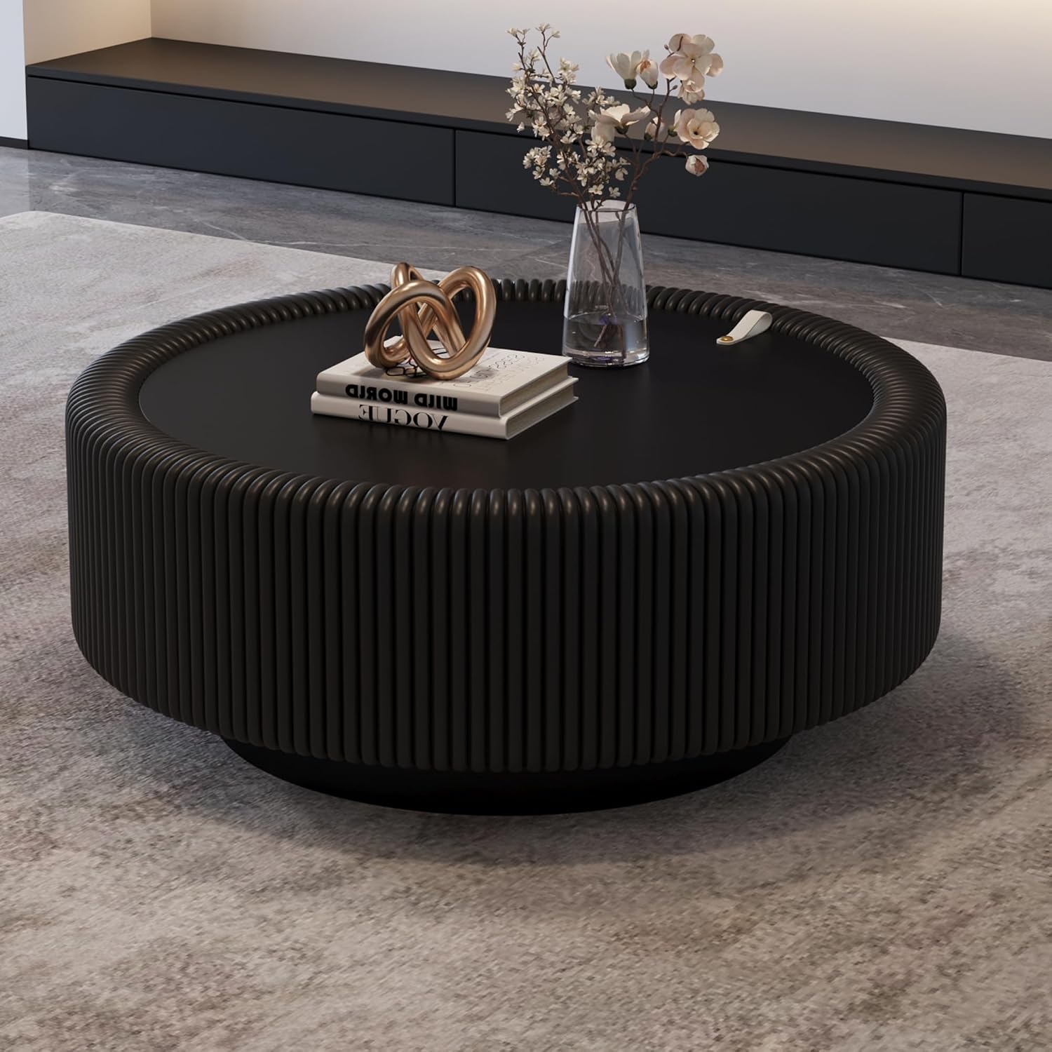 31.5' Black Round Fluted Coffee Table with Hidden Storage, Drum Coffee Table with Tempered Glass Top, PU Leather Body, Baked Enamel Metal Base, Modern Minimalist Circle Tea Table