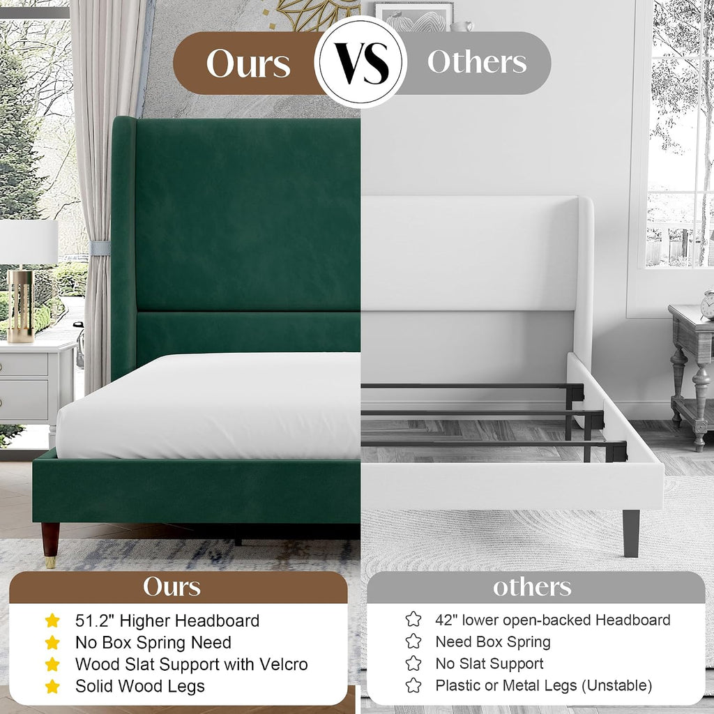 PaPaJet King Bed Frame with 51.2' Tall Wingback Headboard,Velvet Upholstered Platform Bed,Solid Wood Legs,No Box Spring Needed,Noise-Free&Easy Assembly,for Master Bedroom & Luxury Home,Green