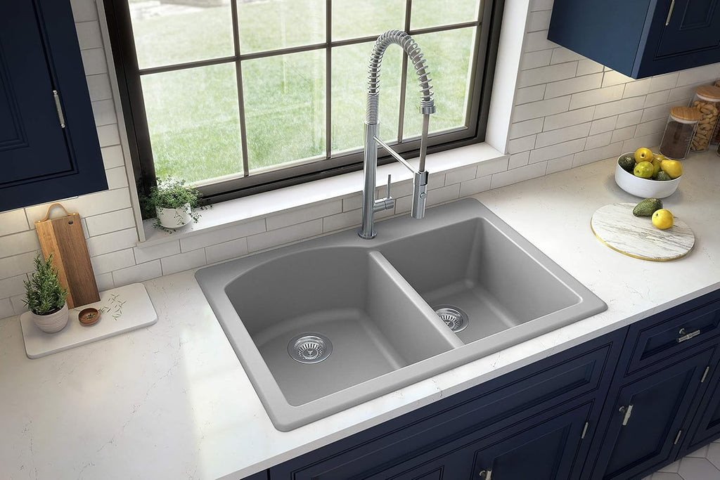 Karran 33' Drop-In/Top Mount Quartz Composite 1-Hole 60/40 Double Bowl Kitchen Sink in Grey