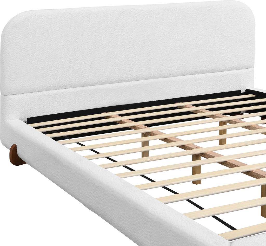 Curve-Shaped Upholstered Platform Bed with Curved Shaped Headboard, King Size Wood Bed Frame with Unique Design Legs for Bedroom Furniture, Chenille Thick Fabric Grounded Bed (White, California King)