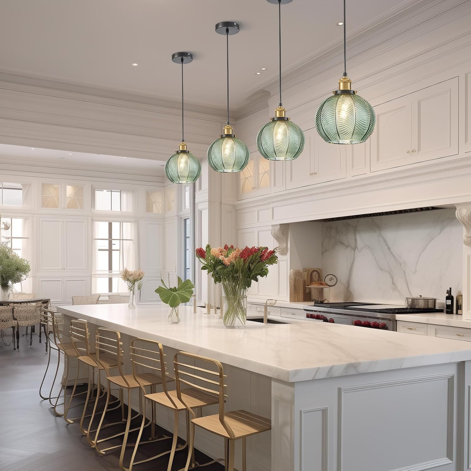 7.8in Vintage Pendant Light 3-Light Kitchen Sink Pendant Lights with Green Hand Blown Glass Small Hanging Lamp for Kitchen Island Dining Room Bedroom Bathroom Hallway E26