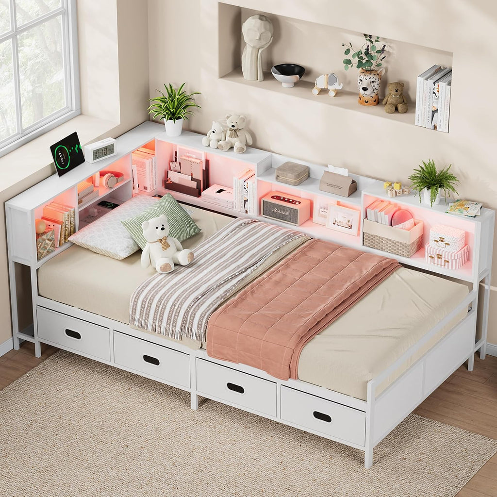 Twin Size Corner Bed Frame with 8 Bookcase Headboard & 4 Storage Drawers, Twin Metal Platform Bed with LED Light Strip & Charging Station, Twin Daybed for Kids Teens Guests,White