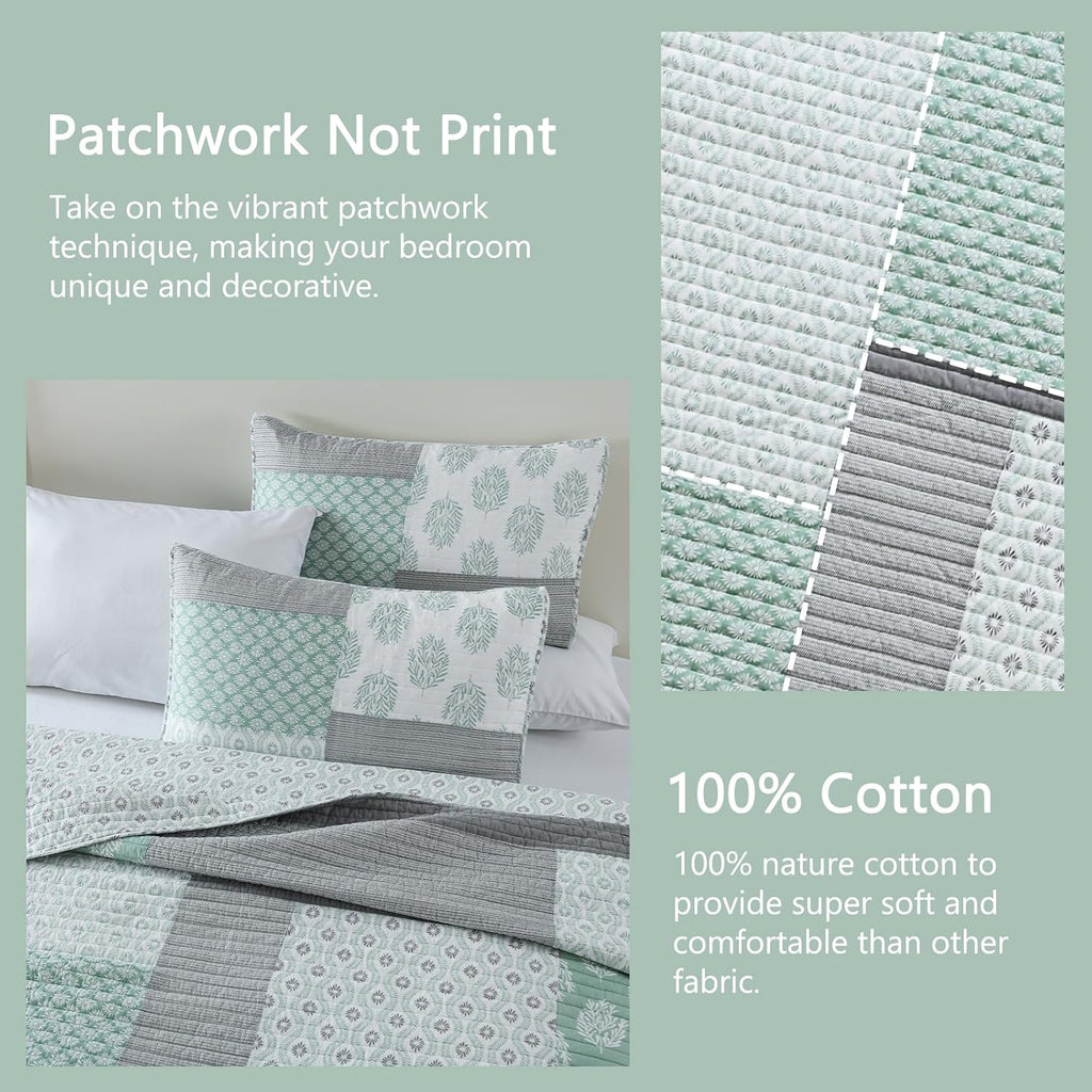 Finlonte King Size Quilt, 100% Cotton Comforter King Size, Green Grey Farmhouse Quilted Bedspread, Patchwork Lightweight Reversible Quilt Bedding Set for King Bed, 3-Pieces