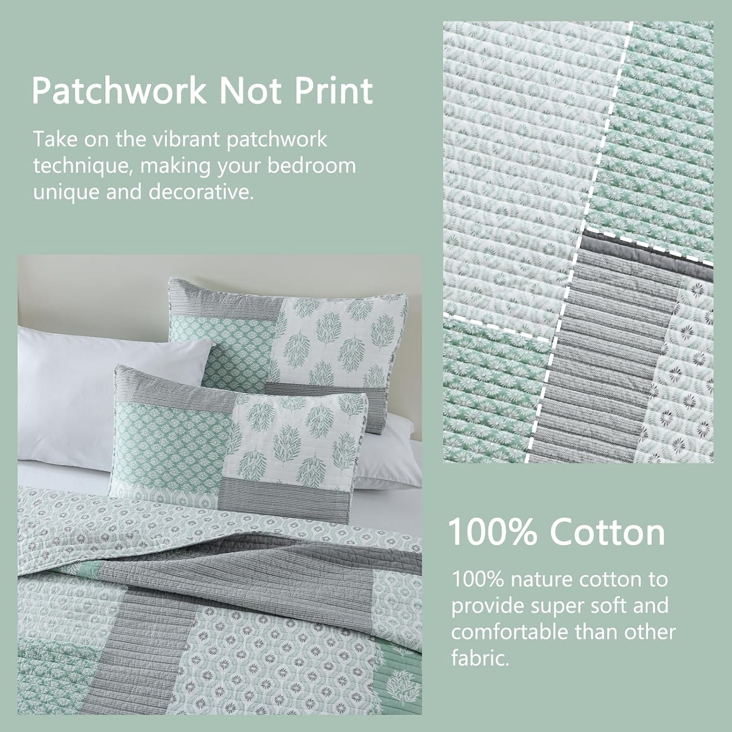 Finlonte King Size Quilt, 100% Cotton Comforter King Size, Green Grey Farmhouse Quilted Bedspread, Patchwork Lightweight Reversible Quilt Bedding Set for King Bed, 3-Pieces