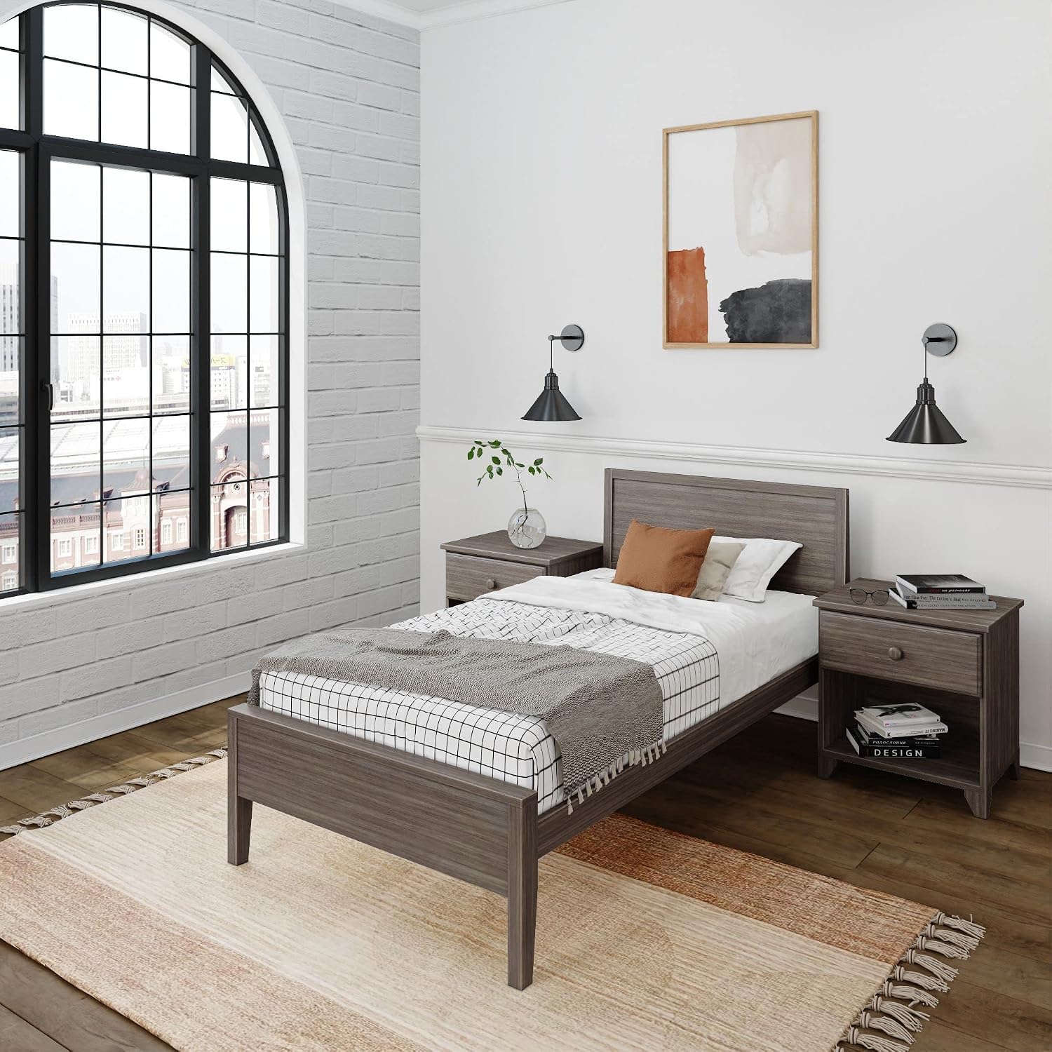 Plank+Beam Solid Wood Twin Bed Frame with Panel Headboard, Modern Twin Platform Bed with Wood Slat Support, No Box Spring Needed, Clay