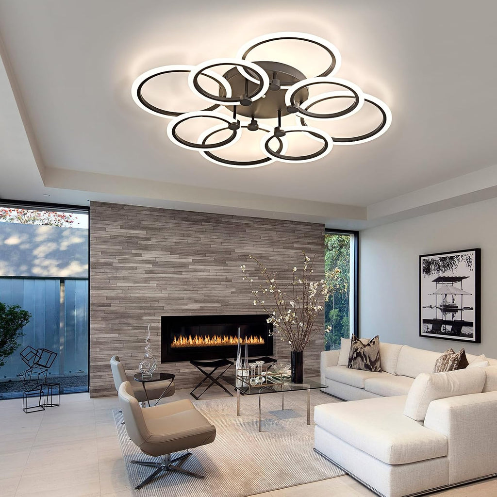 LED Ceiling Light, 8-Ring Modern Flush Mount Fixture, 145W Dimmable 3000K–6500K, Black Ceiling Light with Remote for Living Room Bedroom Kitchen (35.4')