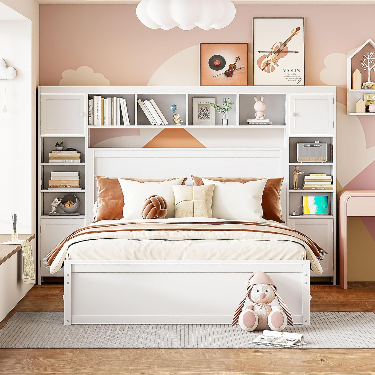 Merax Queen Size Wooden Bed with All-in-One Cabinet, White Platform Bed Frame with 4 Drawers, Shelf and Sockets