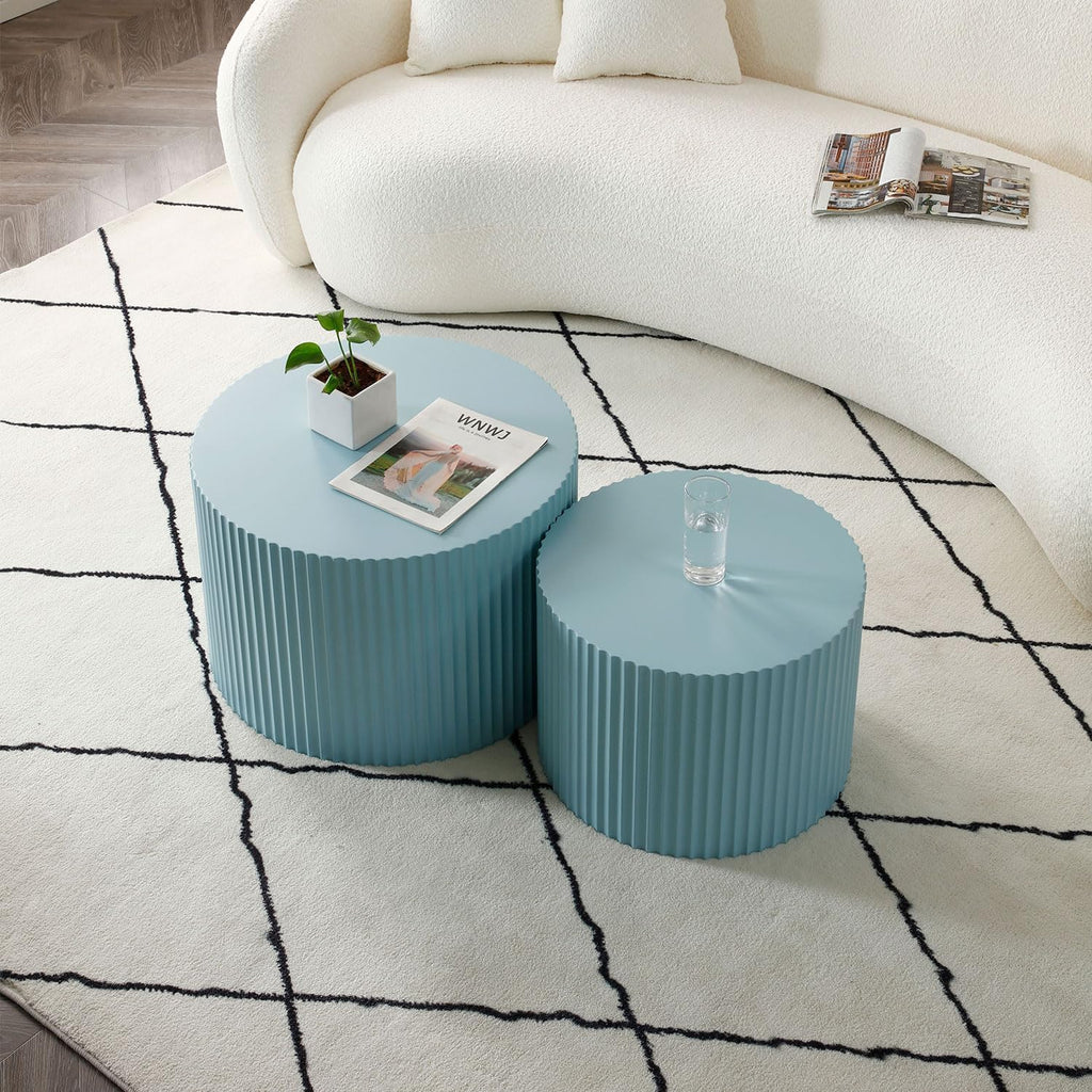 Modern Nesting Coffee Table, Round Wood End Table Set of 2 for Small Space, Living Room - Blue