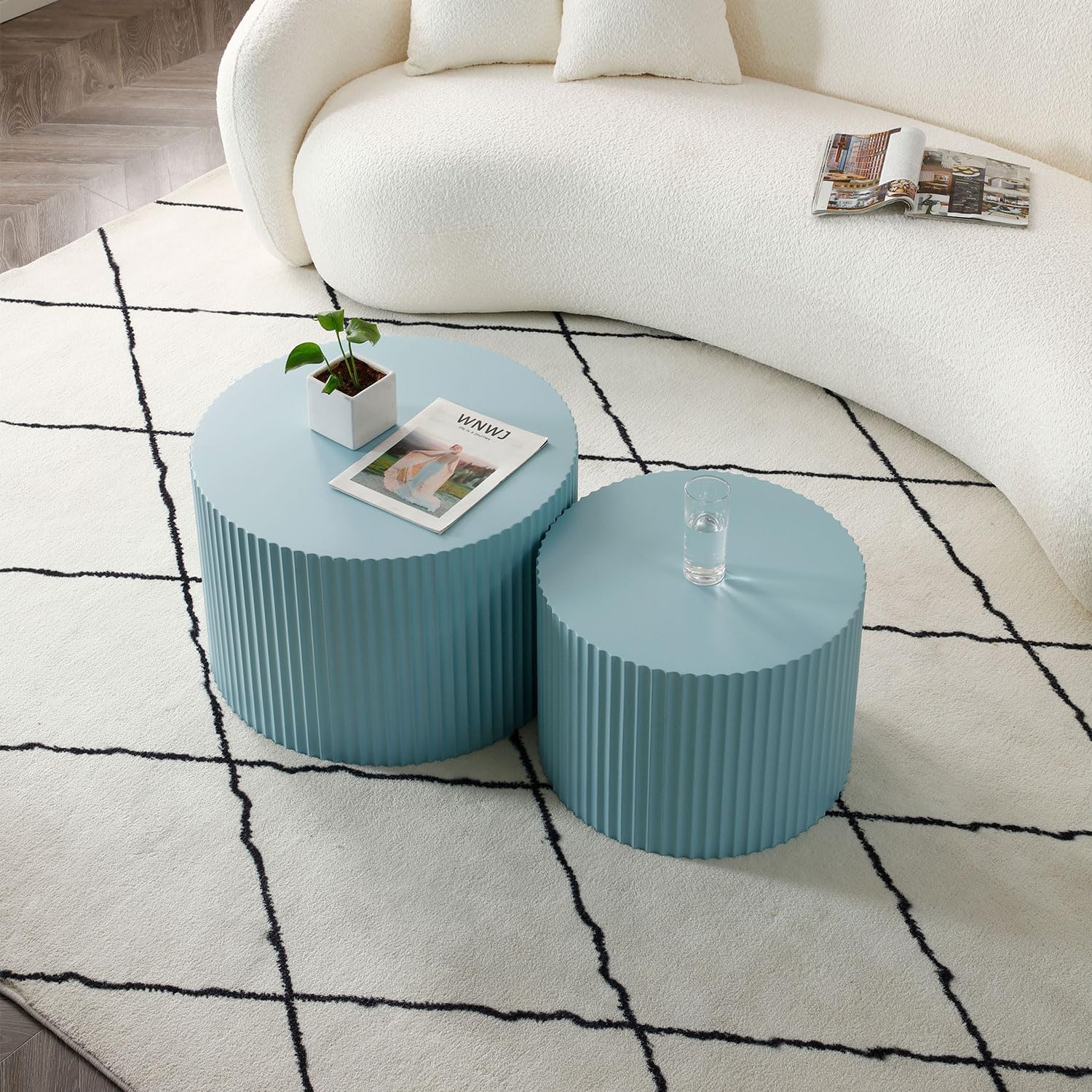 Modern Nesting Coffee Table, Round Wood End Table Set of 2 for Small Space, Living Room - Blue