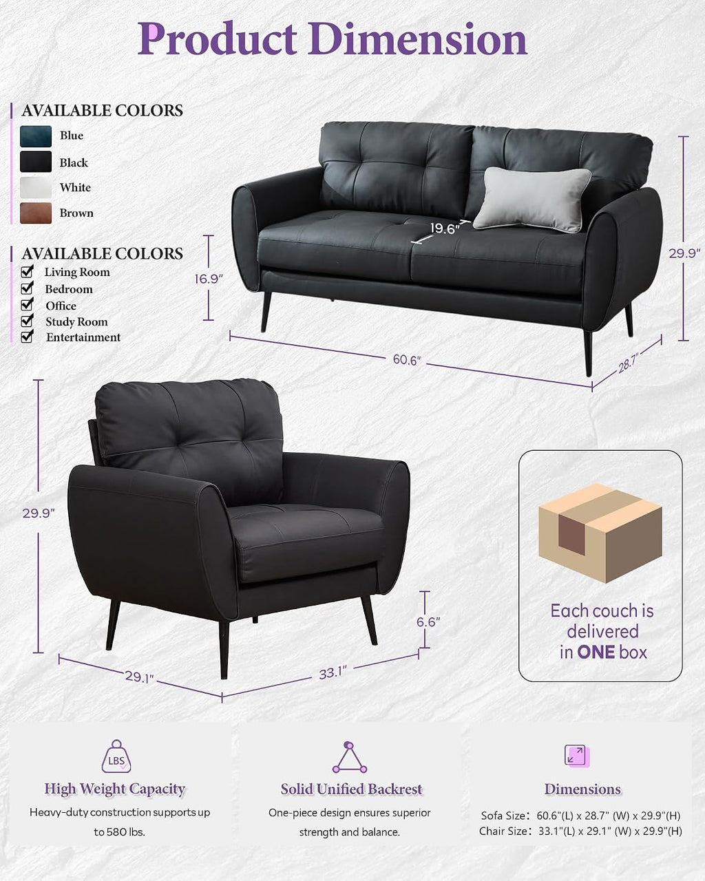TYBOATLE Sofa Couch 61' Small Loveseat Couches for Living Room Leather Couch Mid Century Modern Tufted Mini Sofa Comfy Office 2 Seat Settee Love Seat for Small Spaces Bedroom (3, Black)