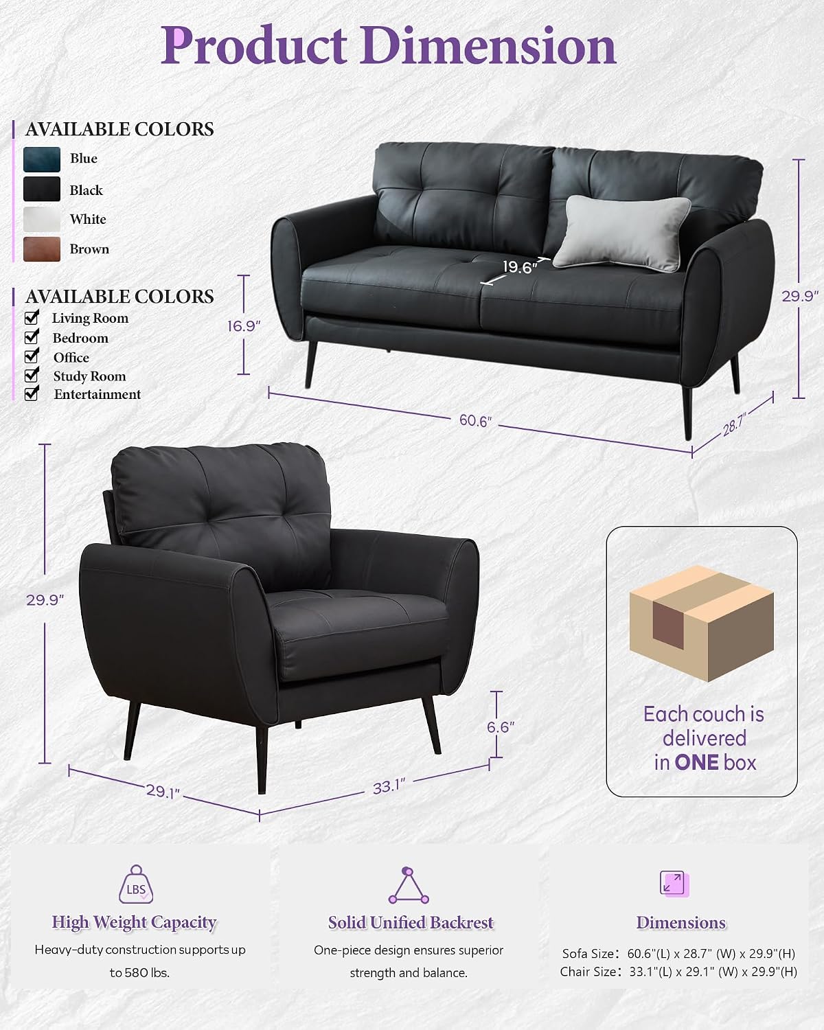 TYBOATLE Sofa Couch 61' Small Loveseat Couches for Living Room Leather Couch Mid Century Modern Tufted Mini Sofa Comfy Office 2 Seat Settee Love Seat for Small Spaces Bedroom (3, Black)