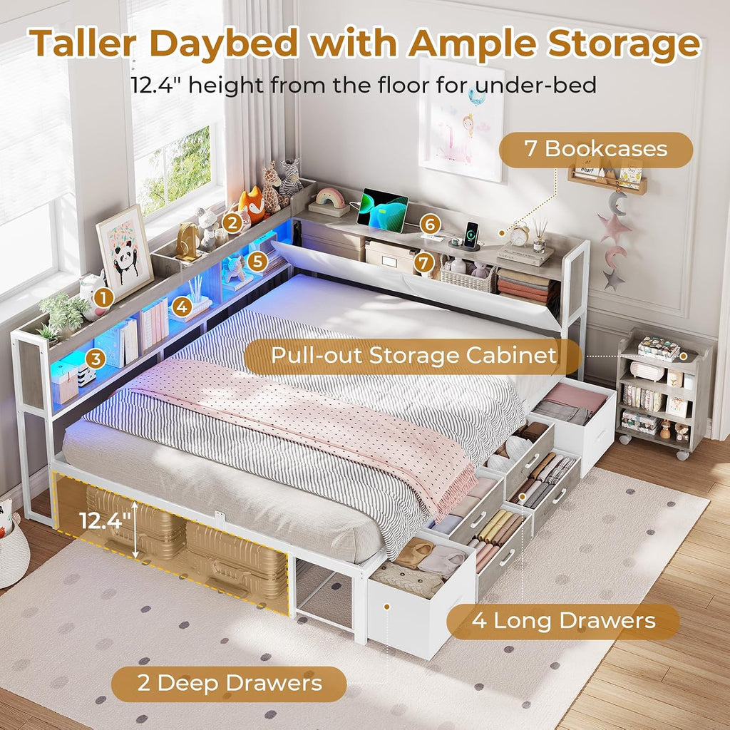 MSmask 14 Inch Corner Bed Frame with Pull-Out Cabinet, Bookcase & Headboad Storage, Full LED Daybed with 6 Drawers, Charging Station, Full Size Metal Platform Bed for Kids Teen, White & Oak Grey