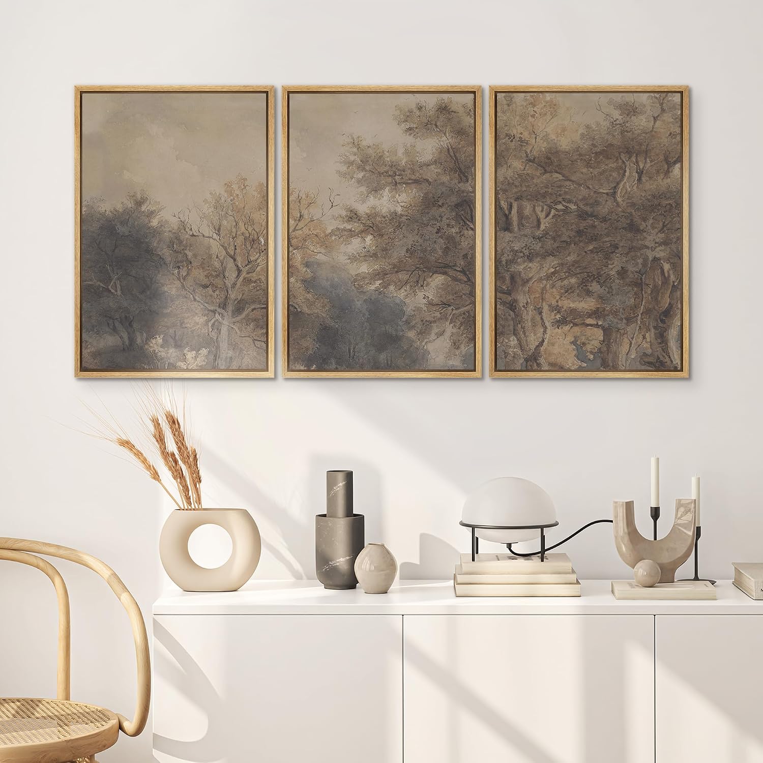 SIGNWIN Framed Canvas Print Wall Art Set Vintage Woodland Sketch Earth Tone Forest Tree Illustrations Modern Art Contemporary Minimal Ultra for Living Room, Bedroom, Office - 24'x36'x3 Natural