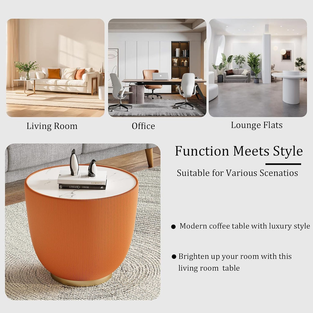 Round Coffee Table Set, 27.56' White Drum Center Table and 19.69' Orange Coffee Table Set, 2 Pieces Living Room Table Set with Sintered Stone Tabletop, Fluted PU Leather Covered and Metal Base