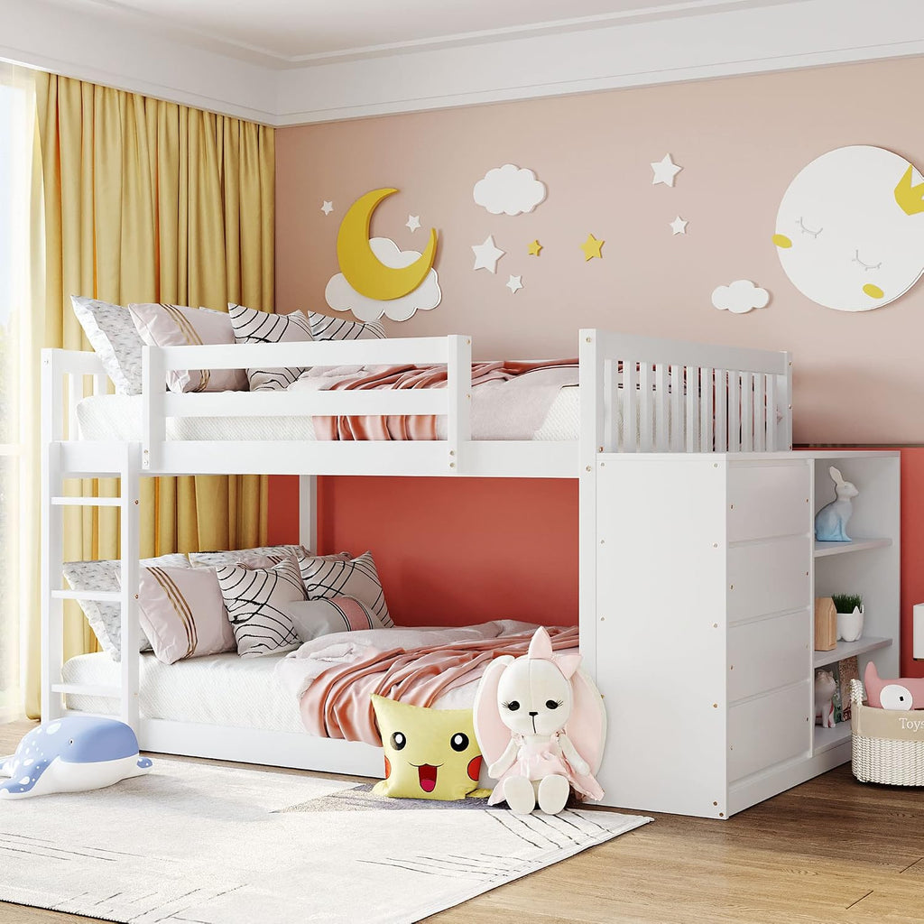 Full-Over-Full Size Bunk Bed, Bedroom Furniture Pine Wood Bed Frame with Storage Drawers and Open Shelves, Drawers and Shelves Set Can Be Moved, for Kids & Teens (White)