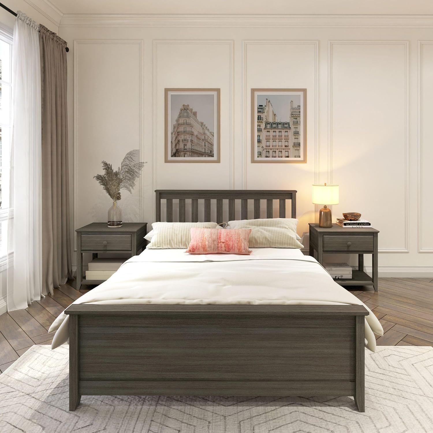 Plank+Beam Solid Wood Full Bed Frame, Platform Bed with Headboard, Clay