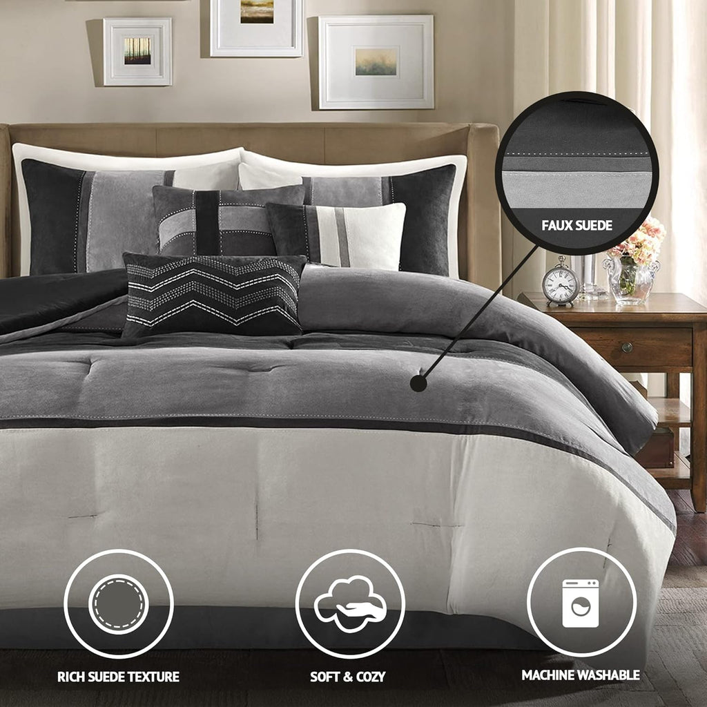 Madison Park Palisades Comforter Set Modern Faux Suede Pieced Stripe Design, All Season Down Alternative Cozy Bedding with Matching Shams, Decorative Pillows, Queen(90'x90'), Black 7 Piece