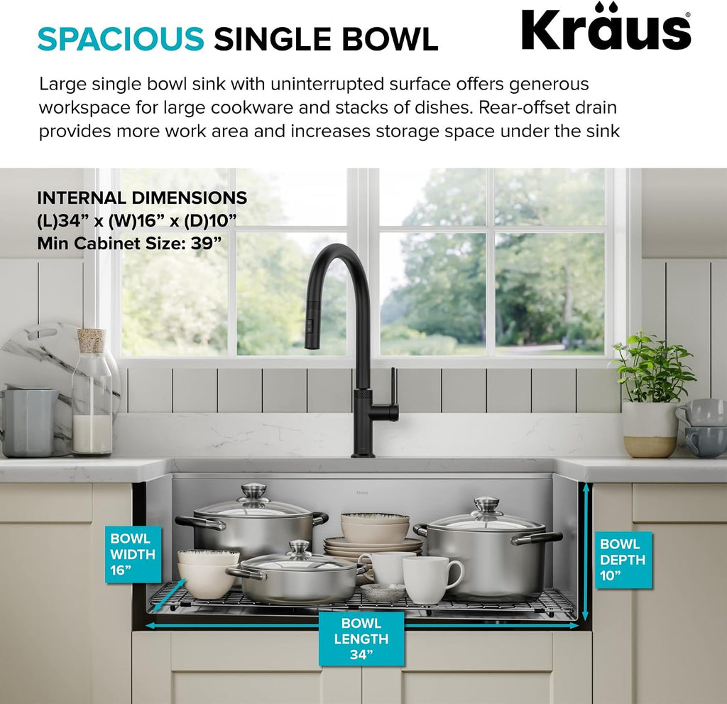 KRAUS Kore 36-Inch Farmhouse Workstation 16 Gauge Single Bowl Stainless Steel Kitchen Sink with Accessories, KWF210-36