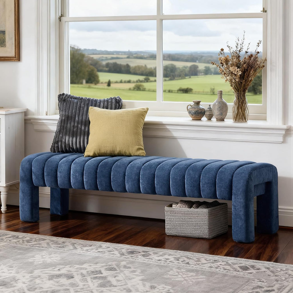 63'' Bedroom Bench, Upholstered End of Bed Bench with Solid Wood Legs, Modern Long Dining Bench with Full Covered Fabrics for Entryway, Bedroom, Living Room (Blue, Chenille)