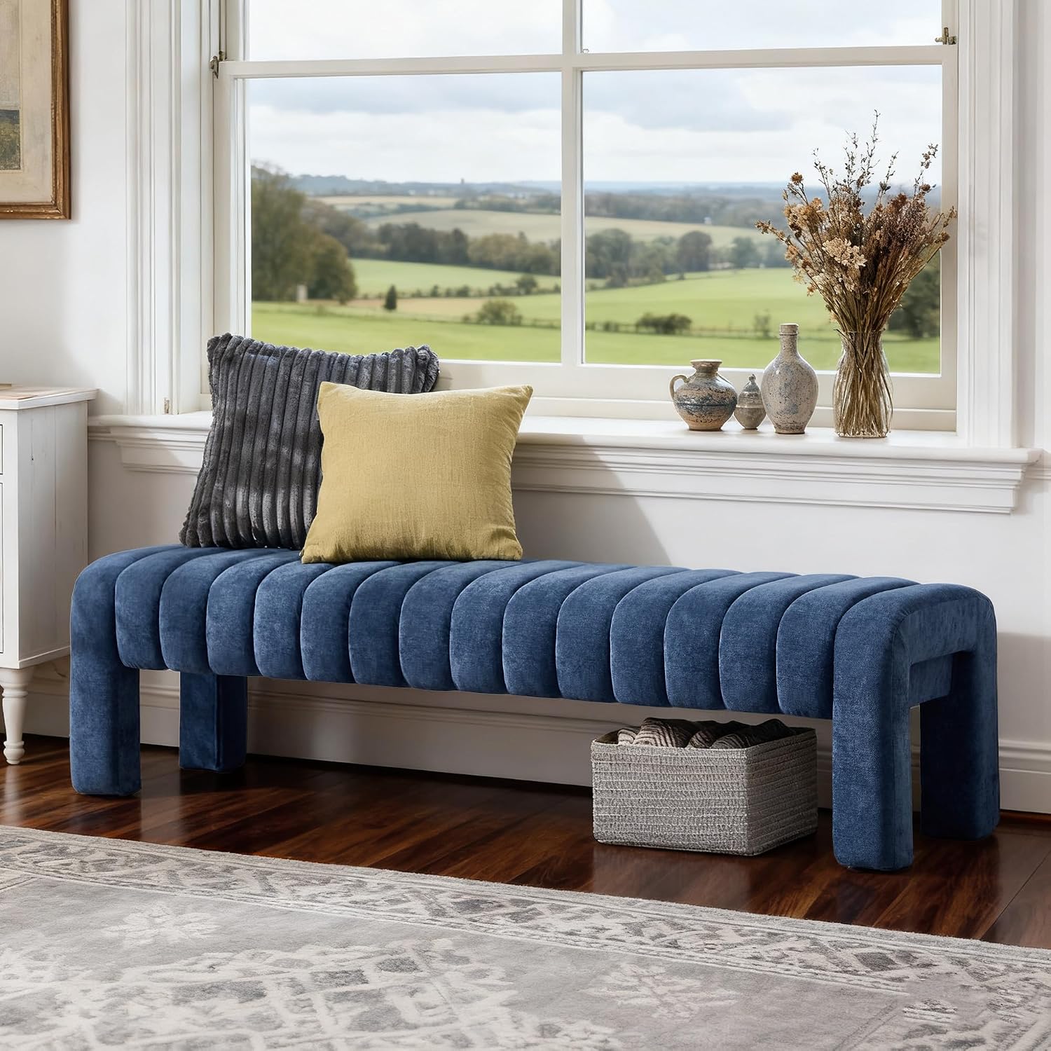 63'' Bedroom Bench, Upholstered End of Bed Bench with Solid Wood Legs, Modern Long Dining Bench with Full Covered Fabrics for Entryway, Bedroom, Living Room (Blue, Chenille)