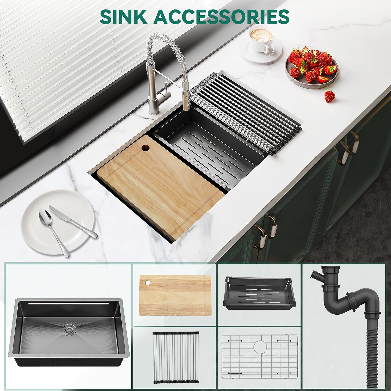 YITAHOME Kitchen Sink Undermount Workstation 32in,Gunmetal Black Stainless Steel Single Bowl w/Ledge & Accessories, Nano-treated Surface Prevents Scratches, RV, Bar Sink 32x19x10in