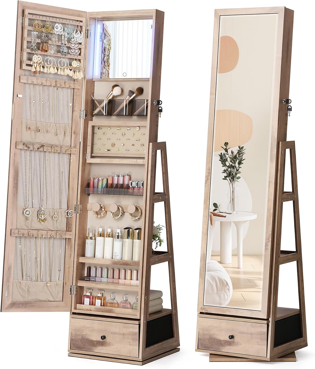 Nicetree 360° Swivel Jewelry Cabinet with Lights, Touch Screen Vanity Mirror, Rotatable Full Length Mirror with Jewelry Storage, Standing Jewelry Armoire Organizer, Foldable Makeup Shelf, Toasted Oak