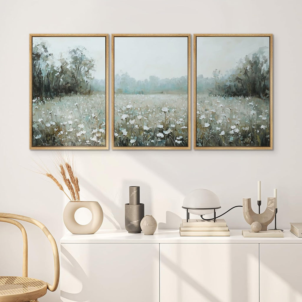 SIGNWIN Framed Canvas Print Wall Art Misty White Wildflower Meadow Serene Nature Landscape Illustrations Modern Bohemian Scenic Ultra for Living Room, Bedroom, Office - 16'x24'x3 Natural