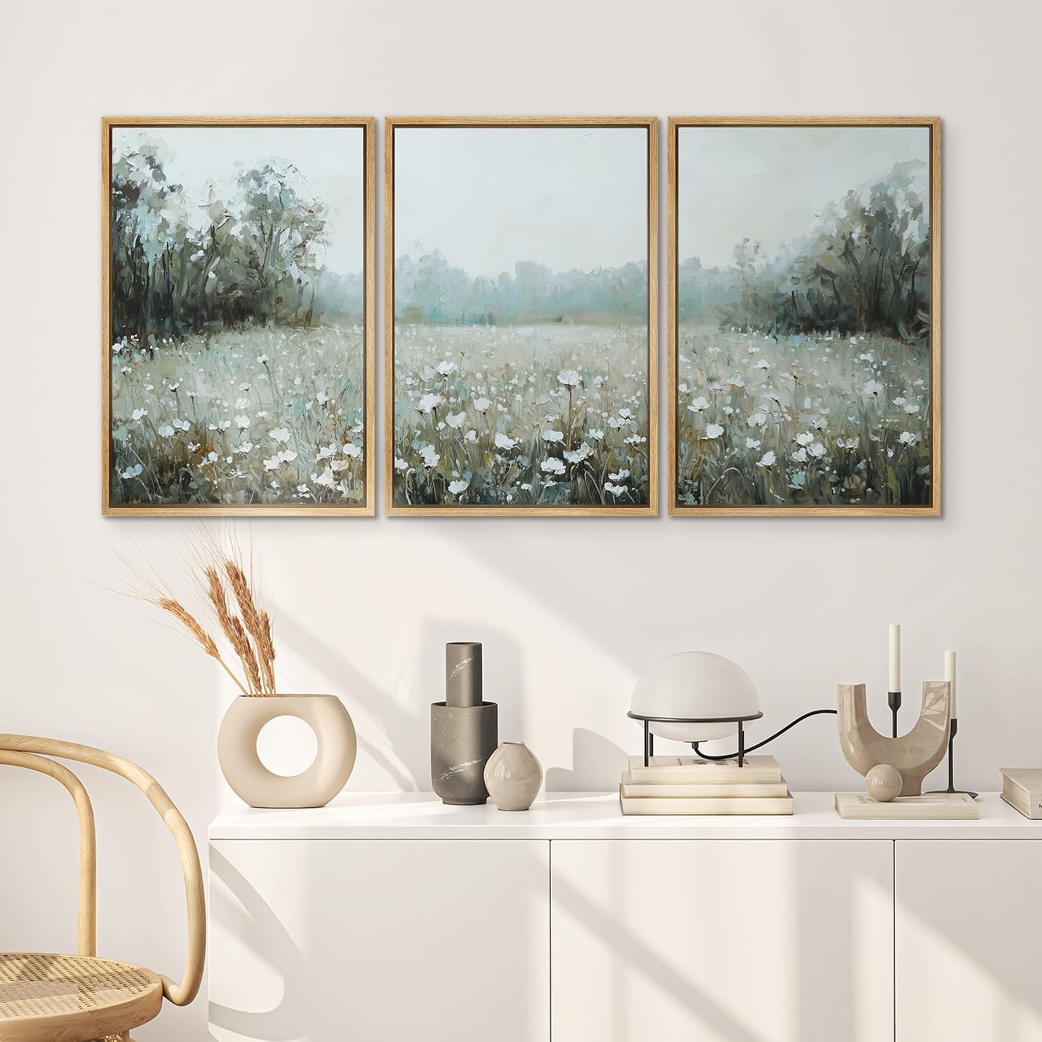 SIGNWIN Framed Canvas Print Wall Art Misty White Wildflower Meadow Serene Nature Landscape Illustrations Modern Bohemian Scenic Ultra for Living Room, Bedroom, Office - 16'x24'x3 Natural