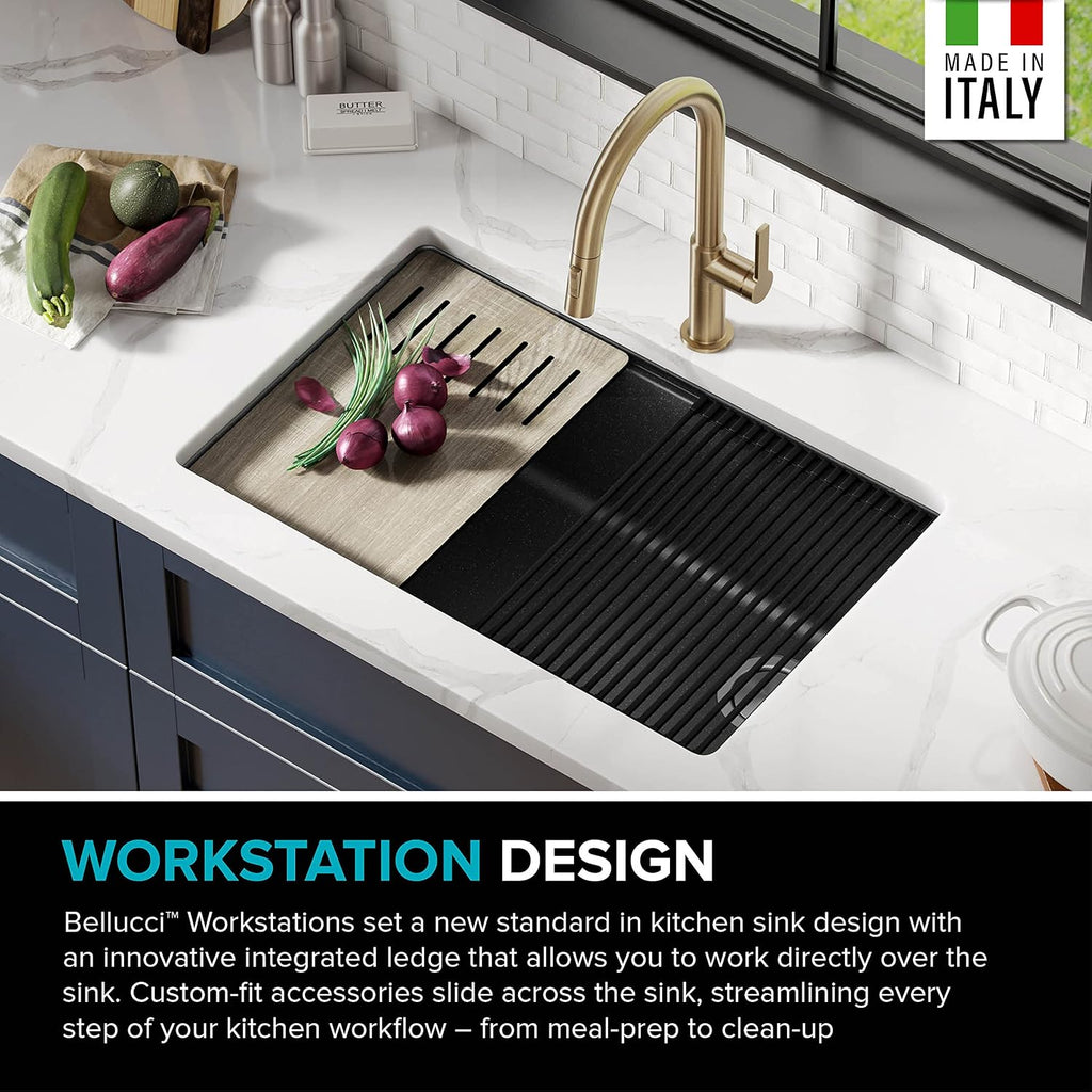 KRAUS Bellucci 30' in. Undermount Workstation Granite Kitchen Sink in Metallic Black with Accessories, KGUW2-30MBL