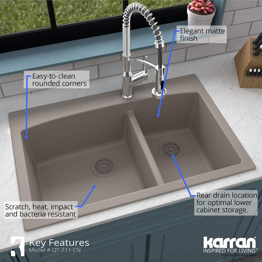 Karran QT-711 Drop-In Quartz Composite 33 in. 1-Hole 60/40 Double Bowl Kitchen Sink in Concrete