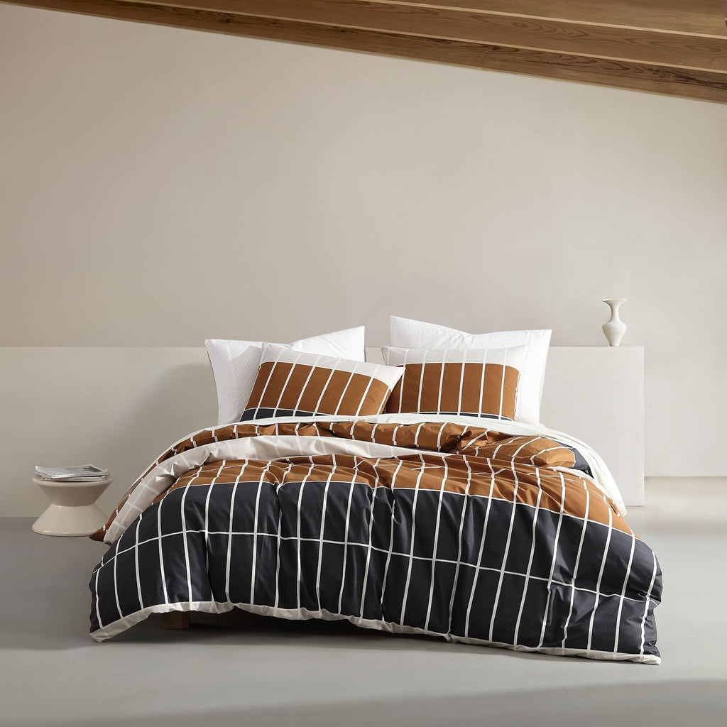 Marimekko - Queen Duvet Cover Set, Organic Cotton Bedding with Matching Shams, Modern Home Decor, GOTS Certified (Tiiliskivi Raita Charcoal, Queen)