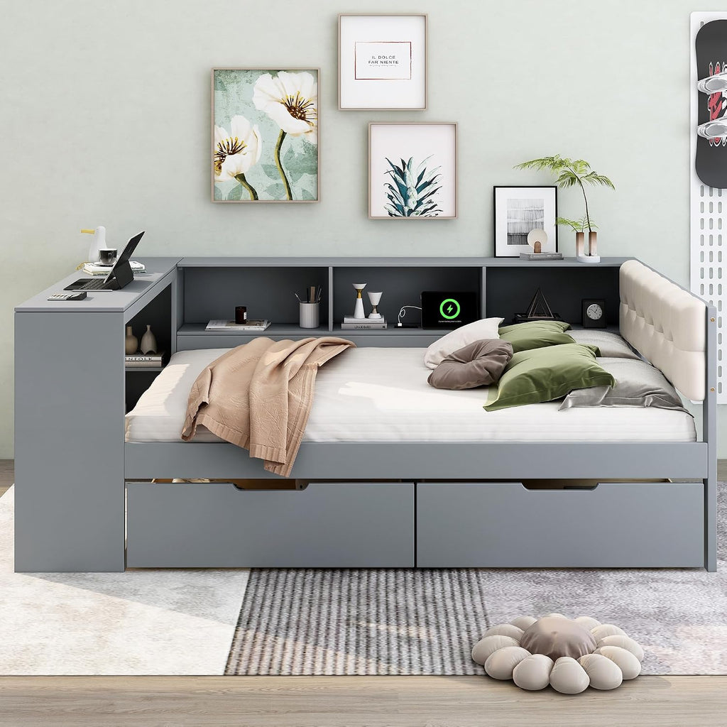 Ball & Cast Wood Full Size Platform Bed with Storage Shelves and Drawers,Multiple Bed Frame w/Charging Station & Upholstered Headboard,Bedroom Furniture Bedframe for Apartment,Gray