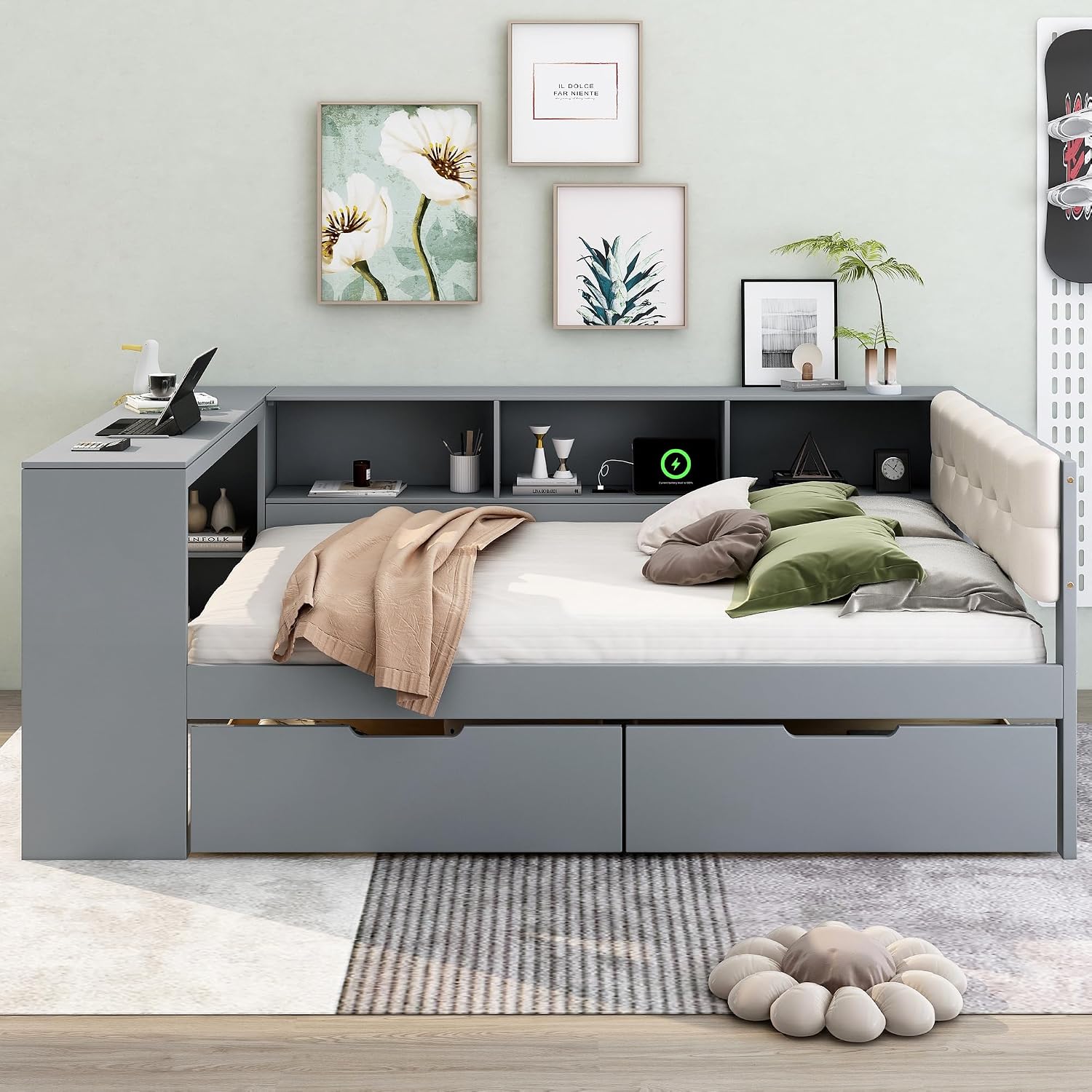 Ball & Cast Wood Full Size Platform Bed with Storage Shelves and Drawers,Multiple Bed Frame w/Charging Station & Upholstered Headboard,Bedroom Furniture Bedframe for Apartment,Gray
