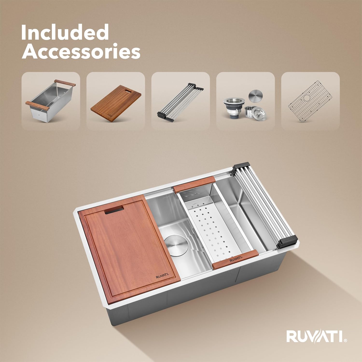 Ruvati 33-inch Round Corner Undermount 16 Gauge Stainless Steel Workstation Kitchen Sink Single Bowl – Soundproof Multifunction Chef Sink with Cutting Board & Accessories – RVH8303
