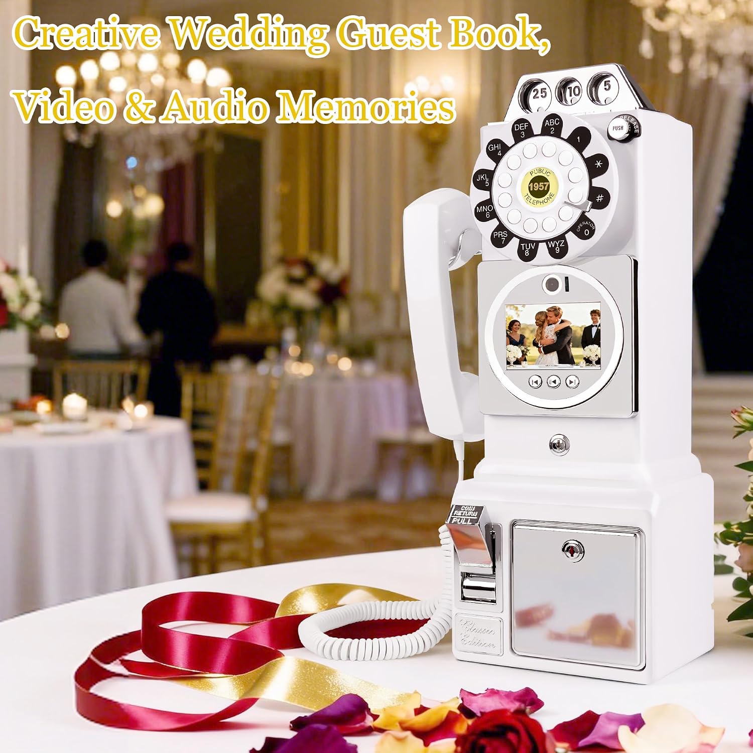 Video Audio Guest Book Wedding Phone, 1080P HD Video Guestbook Phone, Retro-Style Video Guest Book with Long Battery Life for Wedding, Birthday Party, Graduations, Baby Shower (Classic White)