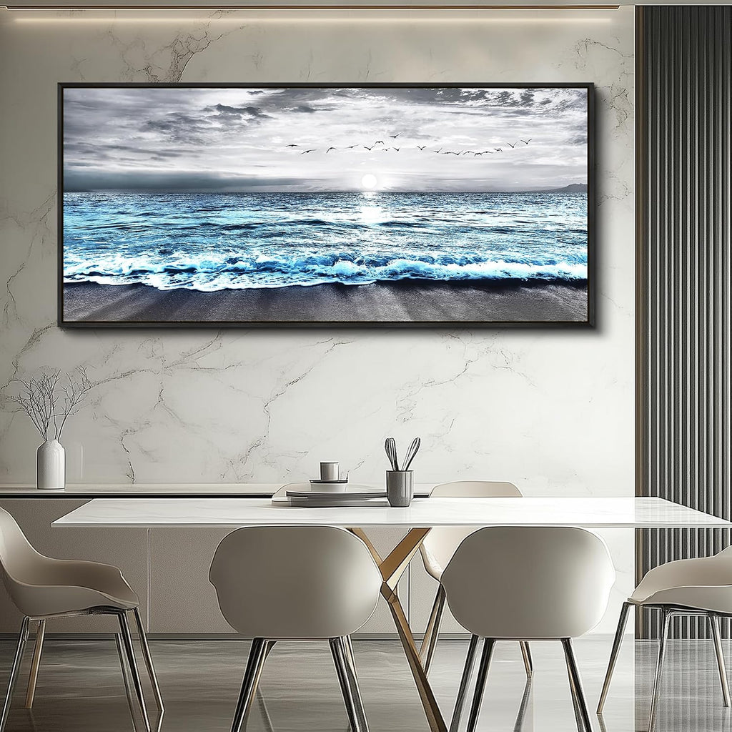 Wapluam Framed Wall Art for Bedroom Decor, Beach Canvas Wall Art Large Ocean Sunset Seascape Print, Modern Coastal Landscape Artwork for Living Room Bathroom Home Decor Ready to Hang 32x72 In