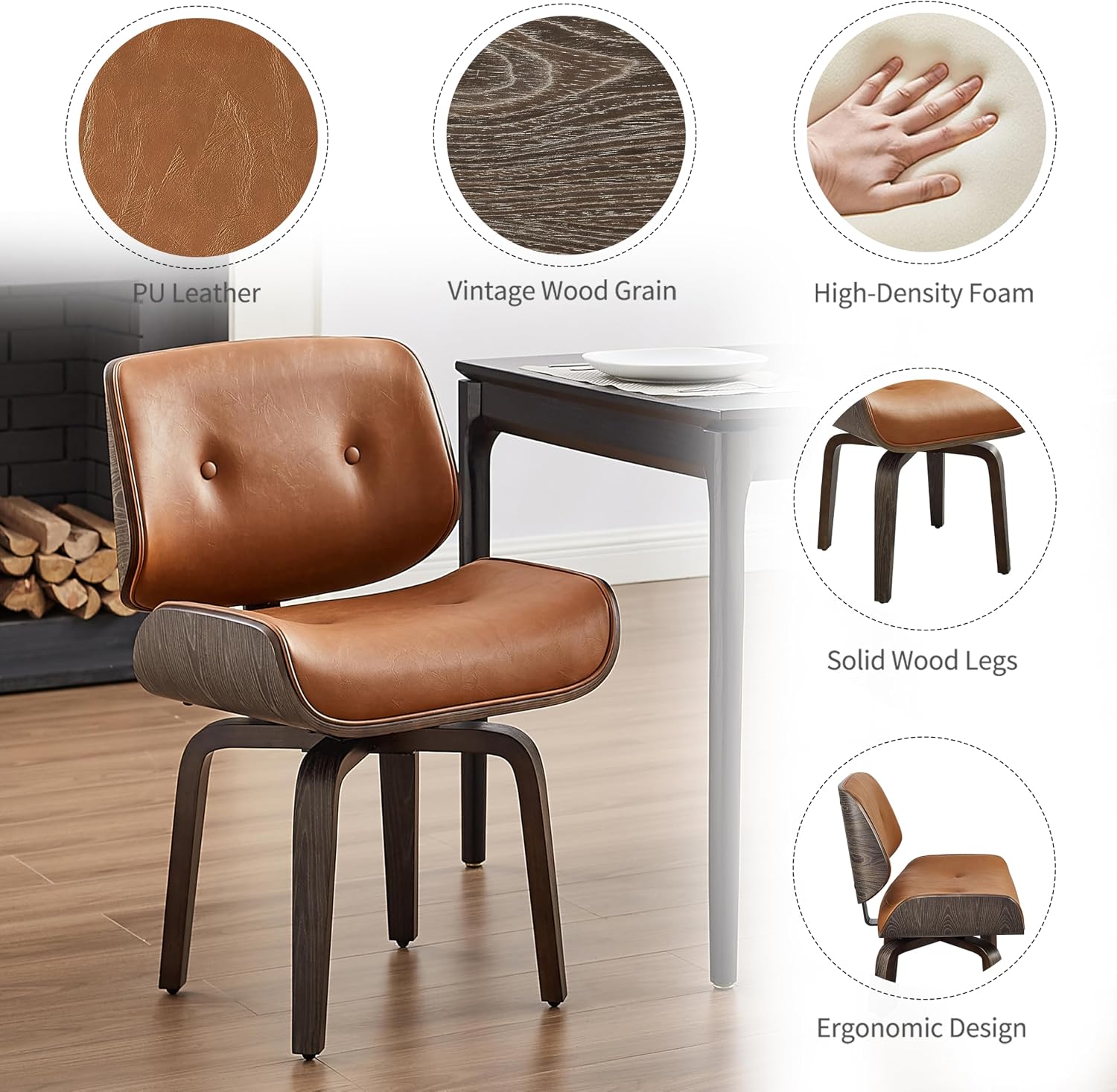 Zouron Swivel Dining Chair, Mid Century Modern Swivel Chair No Wheels, PU Leather Accent Chair with Black Oak Bentwood, Upholstered Kitchen Dining Room Chairs, Thickened Cushion, Button Brown