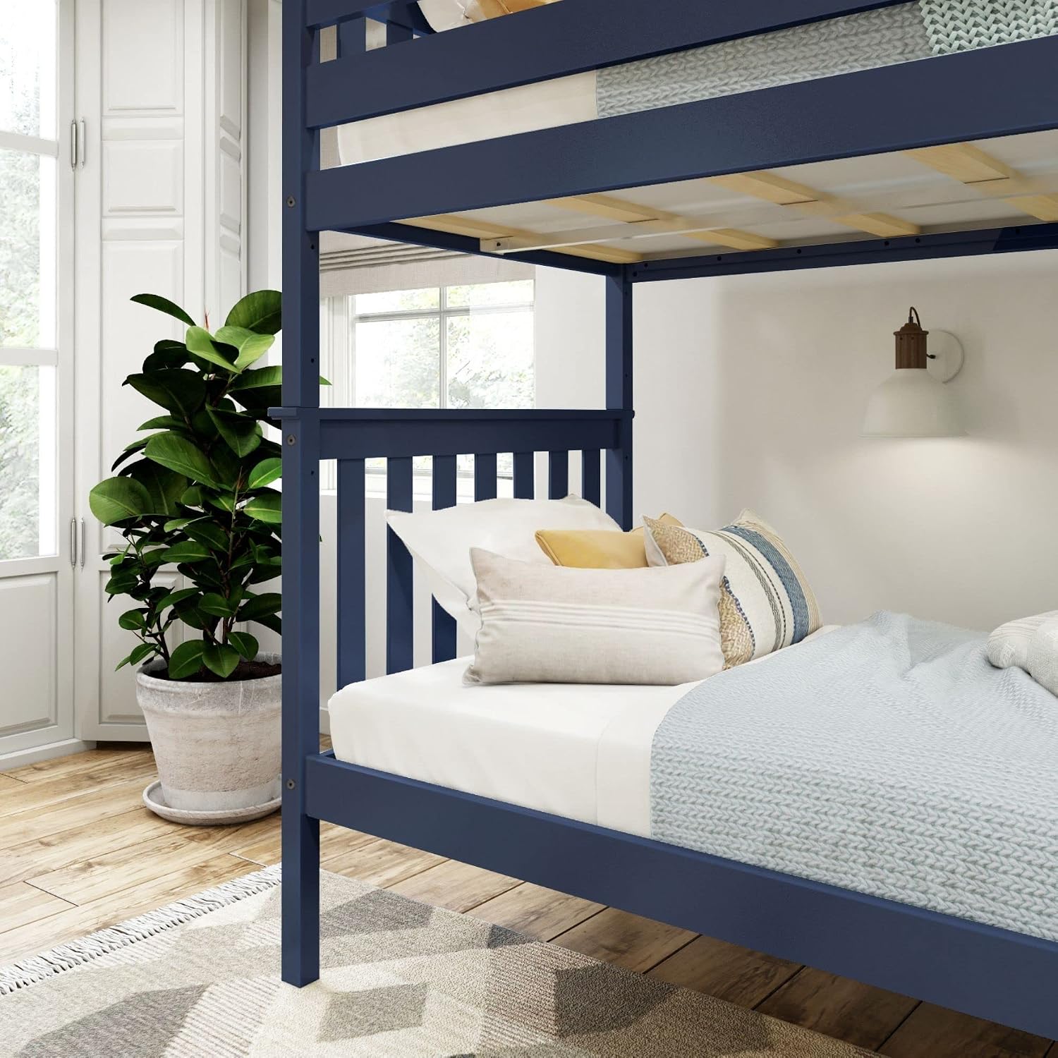 Plank+Beam Wooden Bunk Bed, Classic Twin Over Twin Platform Bed Frame with Ladder and Wood Slats for Adult, Space Saving Bed, Easy to Assemble, No Box Spring Needed, Blue