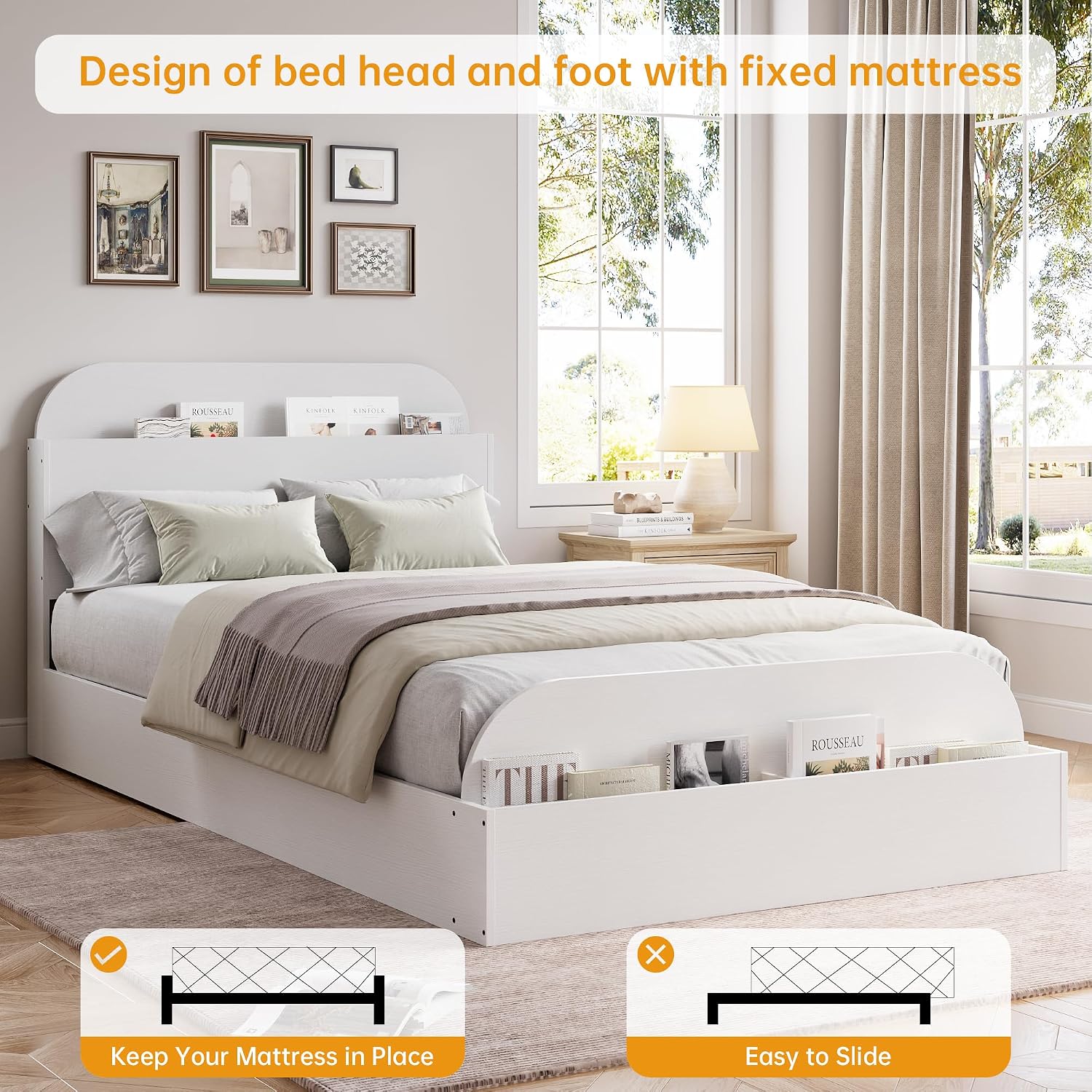 GarveeHome Twin XL Size Bed Frame, Wooden Beds with Storage Headboard and Raised-Foodboard, Twin XL-Floor Low Platform Bed for Bedroom, Sturdy Wooden Slats Support, No Box Spring Needed, White