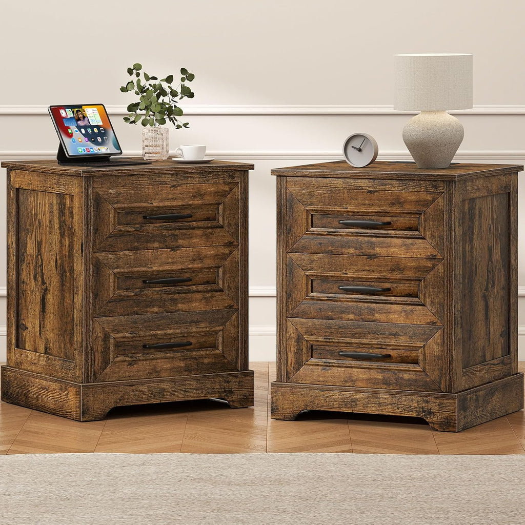 Farmhouse Nightstand with Charging Station- Wood Night Stand Set 2, 3 Drawer Nightstands Set of 2, Bedside Table with Storage, Rustic Night Stands for Bedroom, Closet, 18' Wide, 24' Tall