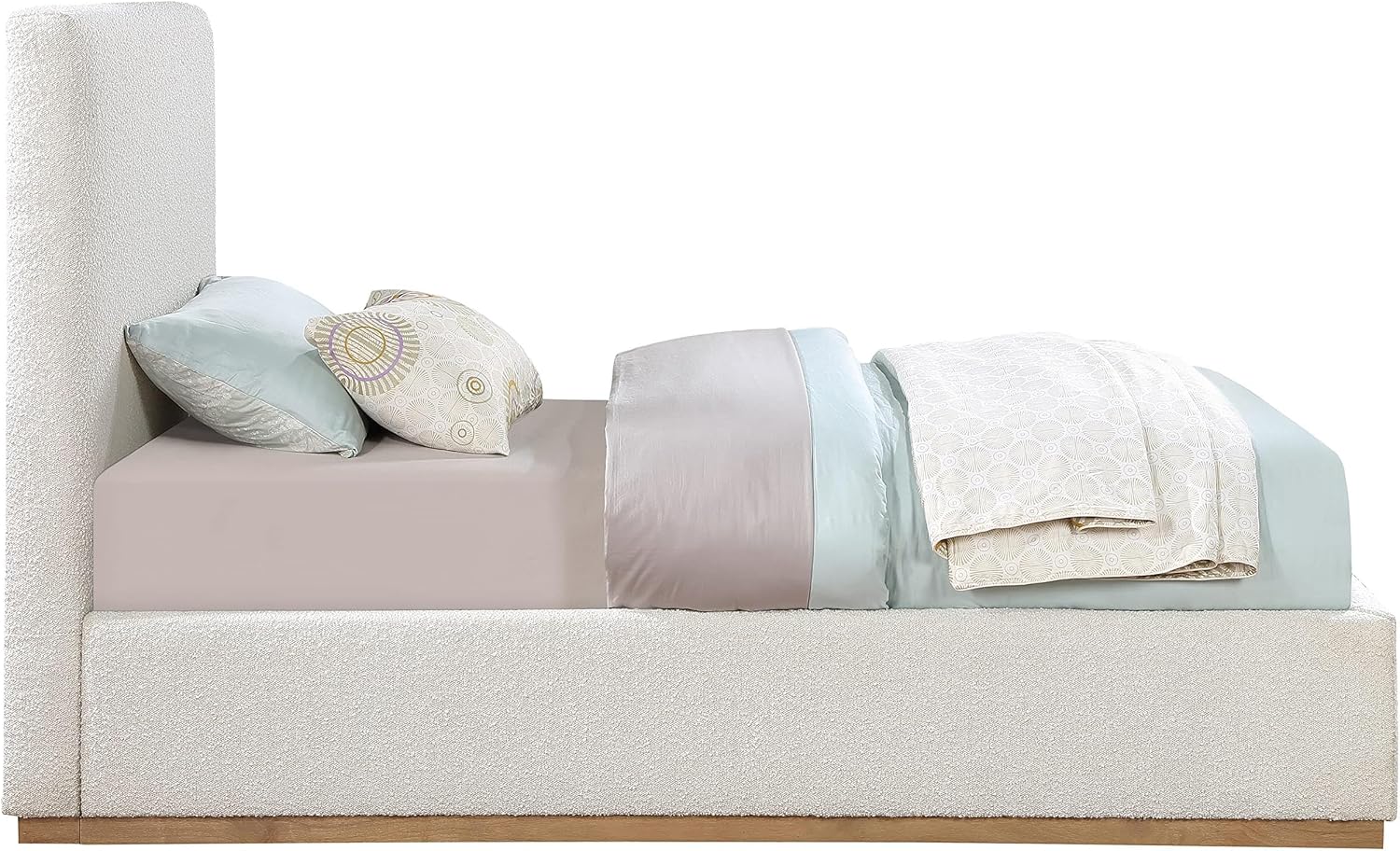 Meridian Furniture MonacoCream-T Monaco Collection Modern | Contemporary Boucle Fabric Upholstered Twin Bed withSolid Wood Natural Wire Brush Finish, 43.5' W x 82.5' D x 52' H, Cream, Twin