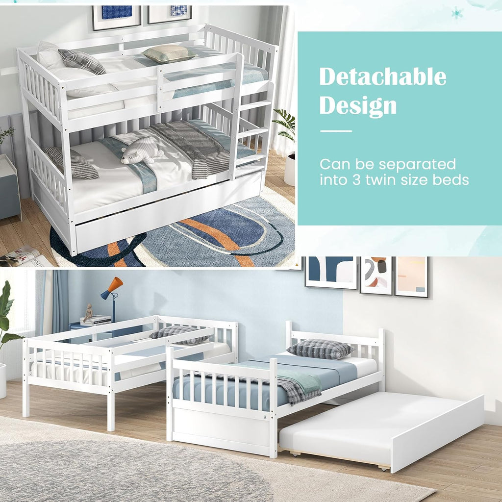 MAT EXPERT Twin Over Twin Bunk Bed with Trundle, Solid Wood Bunk Bed Frame w/Ladder, Slats & Rail, Convertible Twin Size Platform Bed for Kids, Space-Saving Bunk Beds for Bedroom Dorm (White)