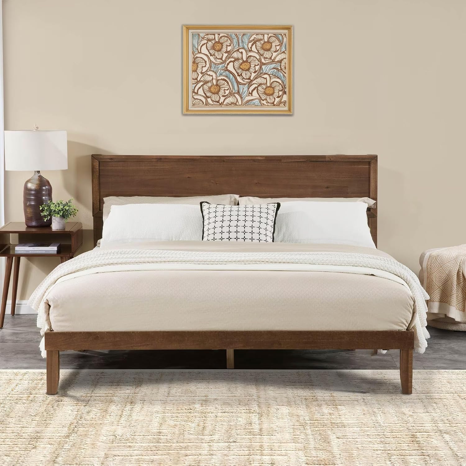 Full Size Solid Wood Platform Bed Frame - Premium Rubber Wood Reinforced Thickened Support, Load-Bearing, Modern Headboard Design, Tool-Free Assembly Bedroom Furniture Set,Brown (King)