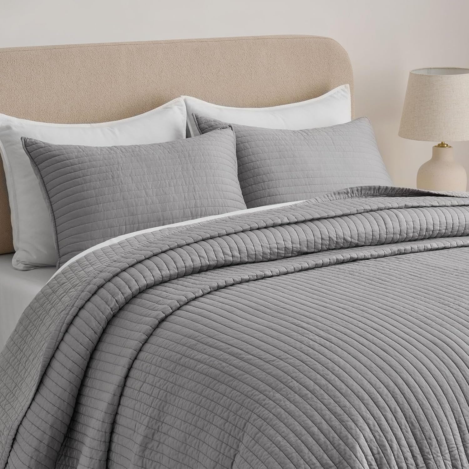 EVERGRACEHOME Cotton Sateen Quilt Set King Size, Pre-Washed Cotton Channel Stitch Coverlet Bedspread, 3 Pieces Lightweight Soft Bedding Sets for All Season, with 2 Pillow Shams, Fog Gray