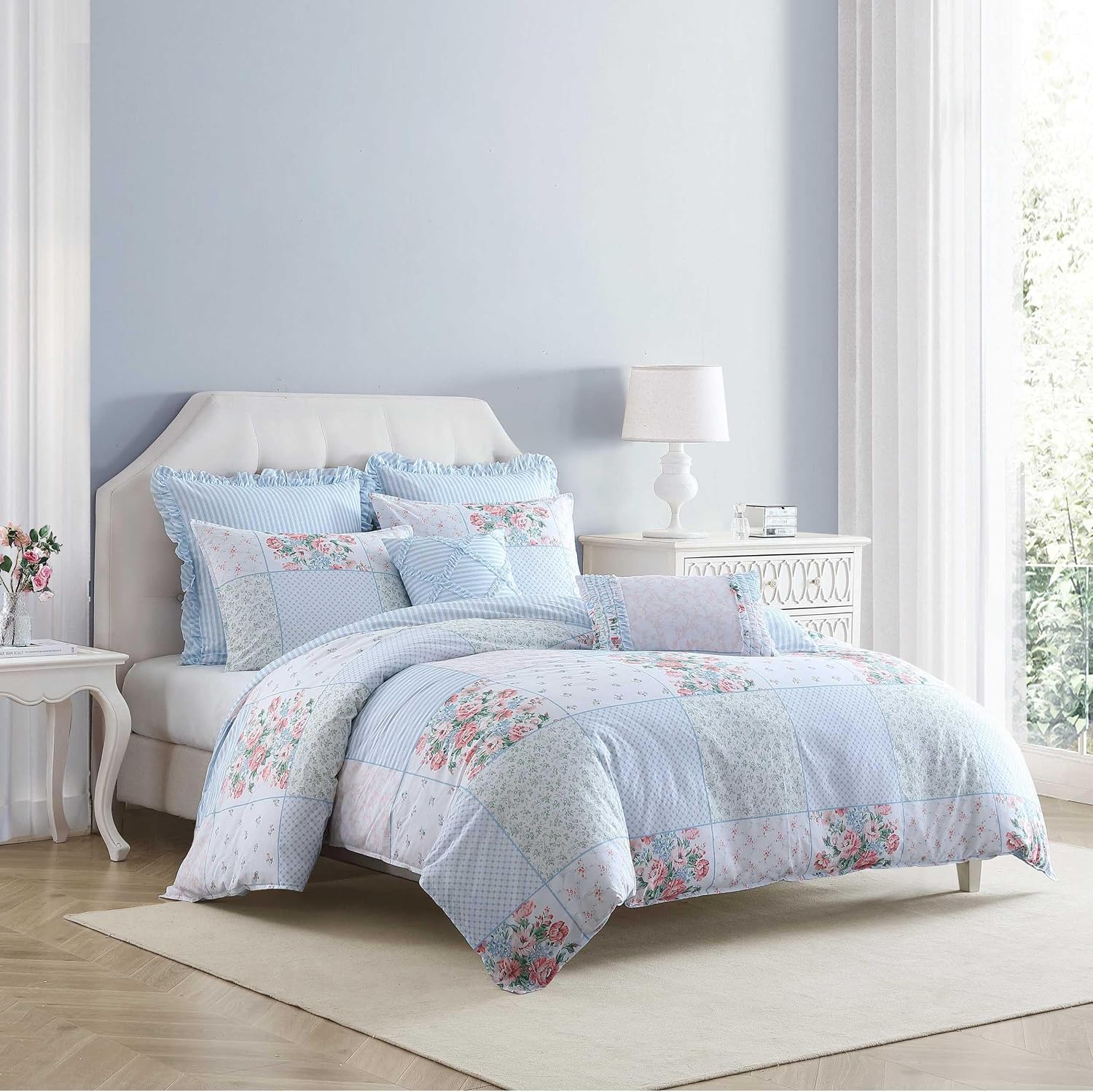 Laura Ashley - Duvet Set, Super Soft & Cozy Bedding, Includes Matching Shams & Bonus Throw Pillow Covers, Coquette Room Decor (Hope Patchwork Blue, King)