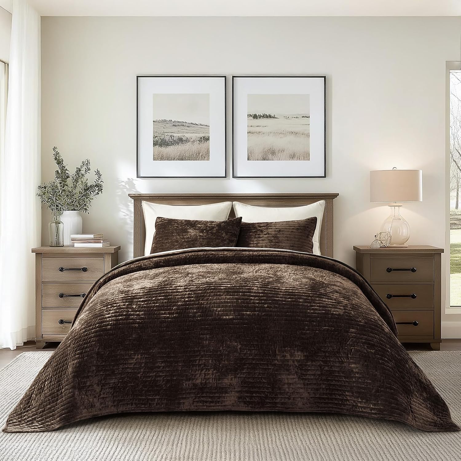 EVERGRACE Velvet Quilt Set California King 118'' x 106'', Luxurious Soft Striped Channel Bedding Set, Lightweight Velvet Comforter for All Season, Oversized Bedspread Coverlet w/ 2 Shams, Walnut Brown
